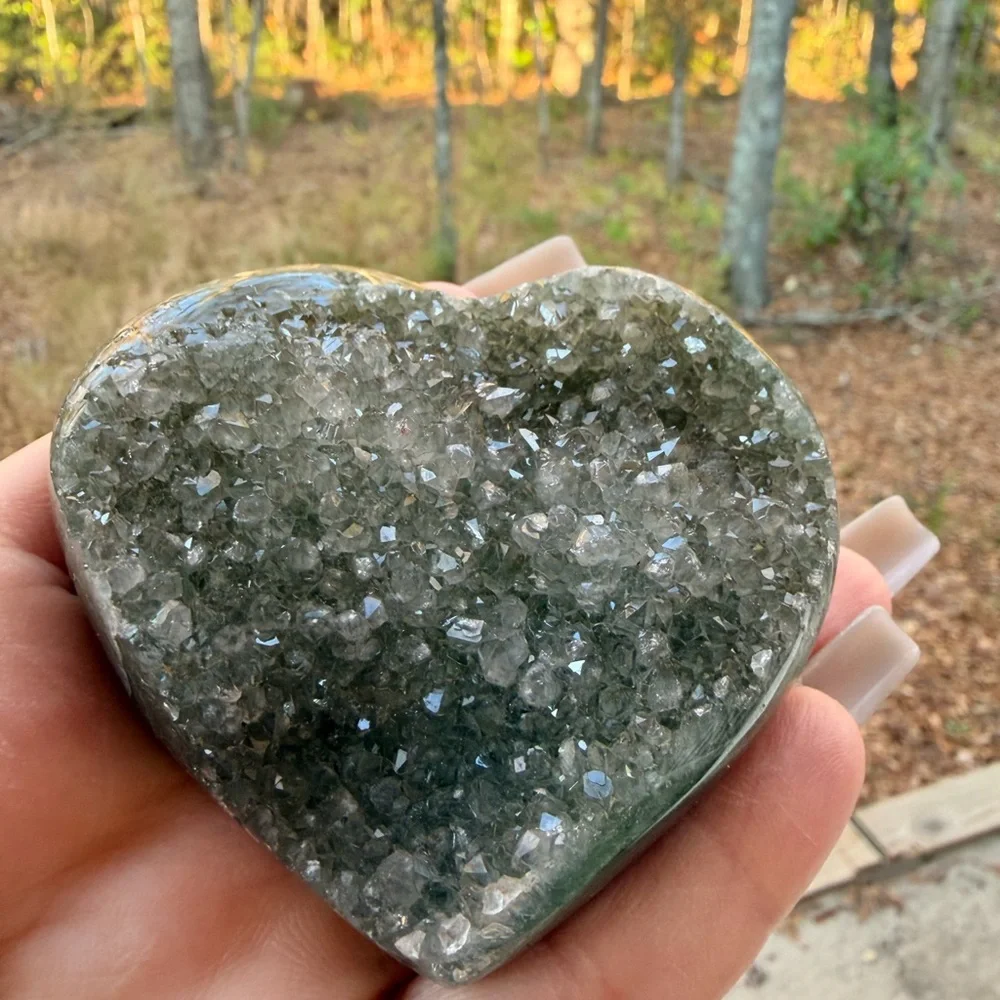 Green Agate Druzy Heart | Natural Sparkling Crystal | Earthy Mint Tones 0027 - Picture 6 of 9